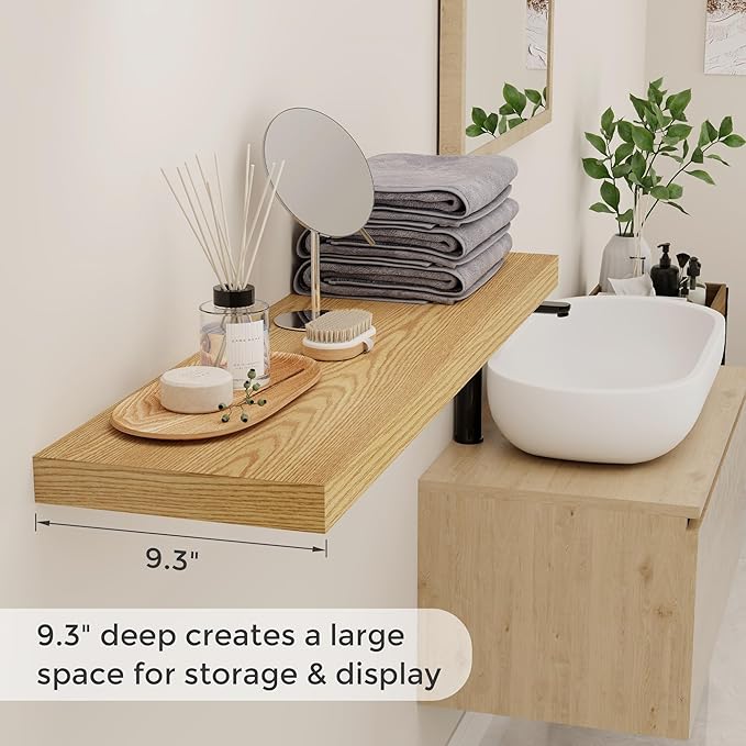 Fun Memories 40 Inch Floating Shelves for Wall, 9.3 Inch Deep Shelves for Books & Decor, Wall-Mounted Floating Shelf 40 Inch Long Set of 2, Rustic Wooden Shelf for Living Room, Bedroom, Kitchen, Oak