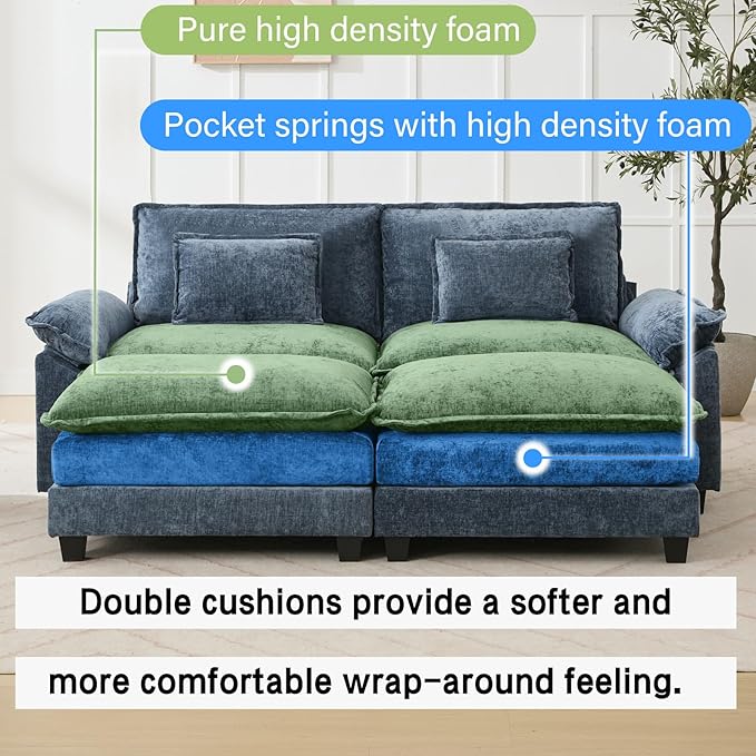 86" Modular Sectional Sofa, Comfy Cloud Couch Sectional Sofa with Ottoman, Chenille Sofa Sleeper Deep Seat Sofa with Throw Pillows for Living Room (Blue)