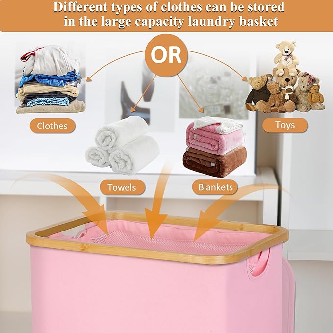 Laundry Hamper with Lid, 110L Large Laundry Basket with Handle and Lid, Collapsible Clothes Basket Organizer with Removable Inner Bag for Clothes Toys Towels,Pink
