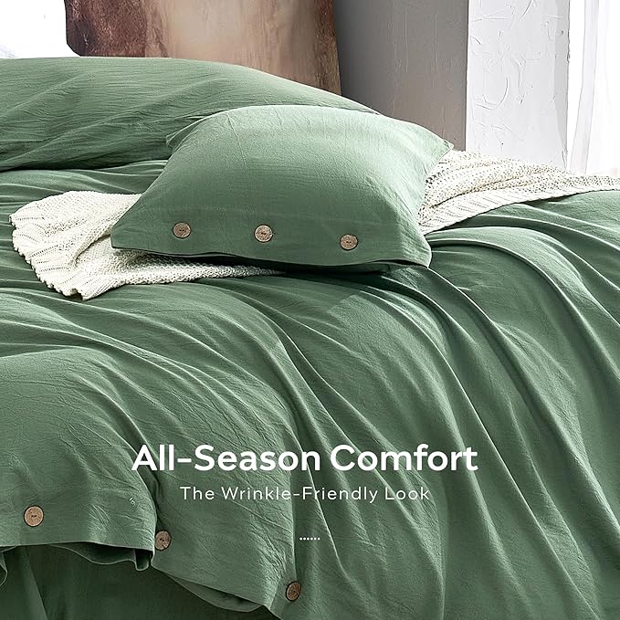JELLYMONI 100% Washed Cotton Duvet Cover Full – Soft, Breathable Linen-Look Bedding with Natural Wrinkle Texture, Button Closure, 3-Piece Set (Dusty Green, 80"x90")