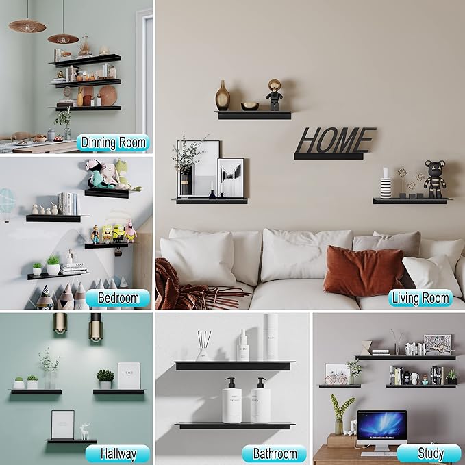 Black Wall Shelves for Bathroom, Living Room, Bedroom, Metal Floating Shelves Wall Shelf for Decorative, Shower Caddy(15.7", 2 Pieces)