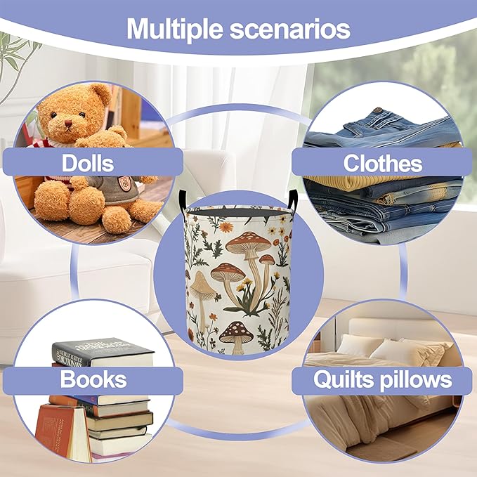 Laundry Basket,Retro Mushrooms Large Canvas Fabric Lightweight Storage Hamper Organizer Dirty Clothes Collapsible Waterproof for College Dorms,Bathroom