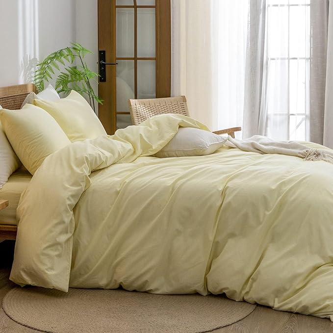 BESTOUCH Duvet Cover Set 100% Washed Cotton Linen Feel Super Soft Comfortable Chic Lightweight 3 PCs Home Bedding Set Solid Light Yellow Alaska King