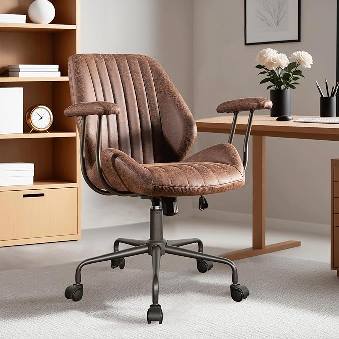 ovios Ergonomic Office Chair, Mid Back Faux Leather Executive Chairs with Armrests, Comfy Mid-Century Modern Swivel Rolling Computer Armchair (Dark Brown, Suede Leather)