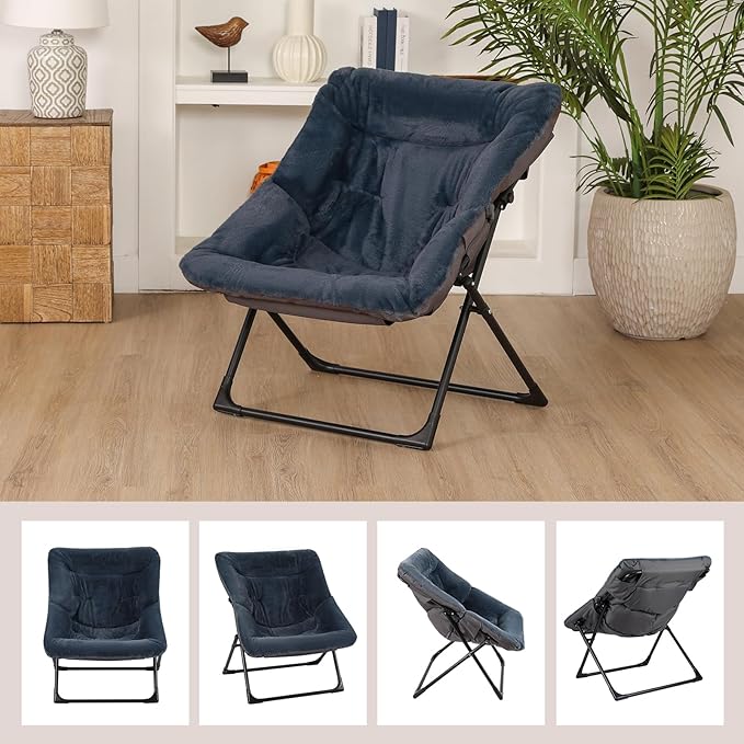 Comfy Saucer Chair for Adults, Soft Faux Fur Bedroom Chair, Accent Dorm Chairs, Flexible Living Room Reading Chairs, Oversized Folding Lounge Seat for Teens, X-Large, Navy Blue