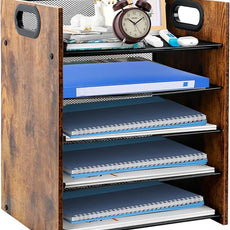 Wood Desk Organizer - 5-Tier Desktop File Organizer, Wooden Paper Tray, Office Desk Organzier and Accessories for Papers, Mail, Notebooks, Stationery