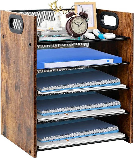 Wood Desk Organizer - 5-Tier Desktop File Organizer, Wooden Paper Tray, Office Desk Organzier and Accessories for Papers, Mail, Notebooks, Stationery