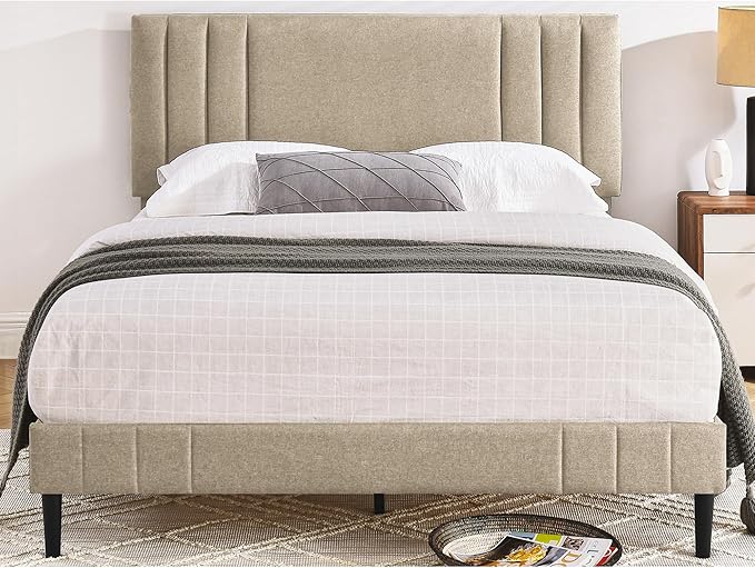 Decoro Chicago Modern Tufted Upholstered Platform Full Size Bed Frame, Linen