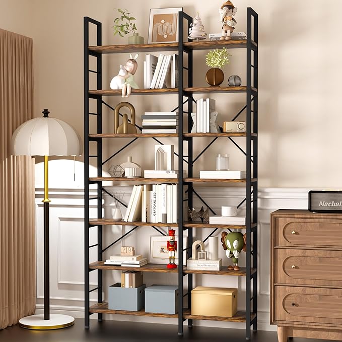 7-Tier Corner Bookshelf, Reversible Wooden Shelves, Industrial Bookcase with Open Shelves and Sturdy Metal Frame, Display Shelf Storage Rack for Living Room, Bedroom, Home Office (Rustic Brown)