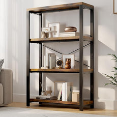 4-Tier Adjustable Heavy Duty Bookshelf, Industrial Wooden Open Storage Rack with Black Metal Frame, Vintage Bookcase with Lock Wall Design, Rustic Brown