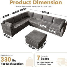 Large 7 Seat Modular Sectional Sofa with Ottoman Seat Corduroy Sleeper Sectional Sofa Bed Oversized Convertible Modular Couch for Living Room