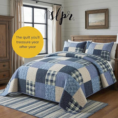 SLPR Blue Symphony Cotton Pieced Quilt Set - King with 2 Shams, Farmhouse Patchwork Quilted Bedspread with Check and Plaid Pattern, Lightweight and Cozy Country Checkered Bedding