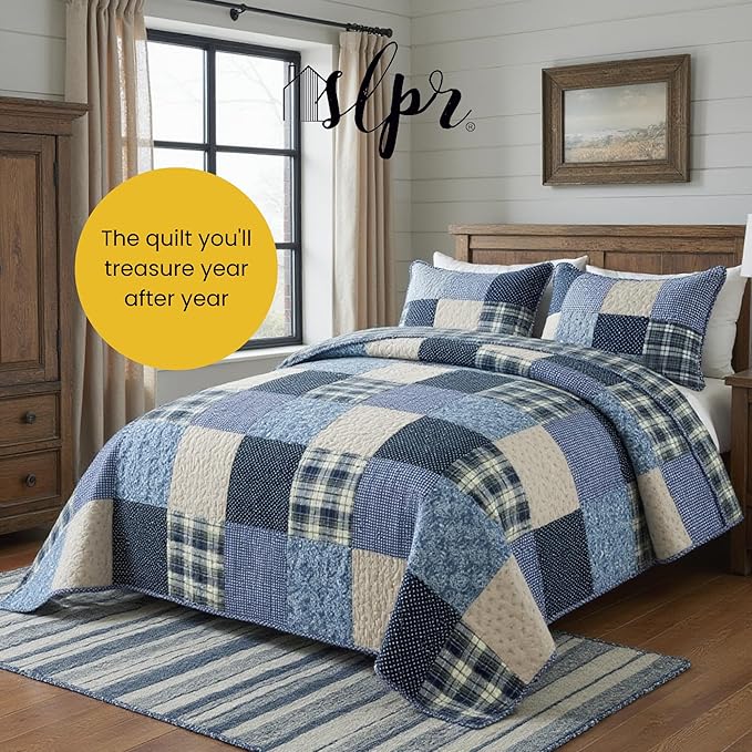 SLPR Blue Symphony Cotton Pieced Quilt Set - Queen with 2 Shams, Farmhouse Patchwork Quilted Bedspread with Check and Plaid Pattern, Lightweight and Cozy Country Checkered Bedding