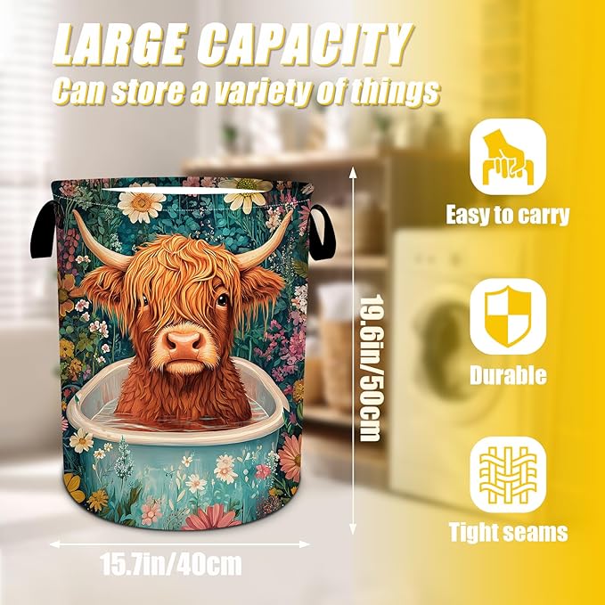 Highland Cow Laundry Basket,Foldable Oxford Cloth Funny Tote Bag Laundry Hamper Clothes Storage Bucket Toy Organizer For Bathroom Laundry Storage Bedroom 18.9x16.5