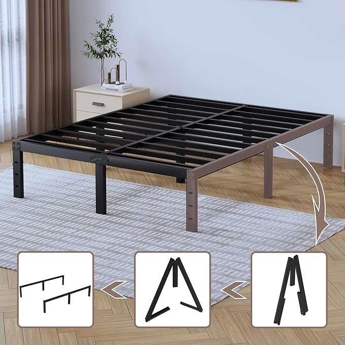 Full Metal Bed Frame - 14 Inch Tall Heavy Duty Bedframe Black Basic Steel Slats Platform No Box Spring Needed/Easy Assembly/Noise Free