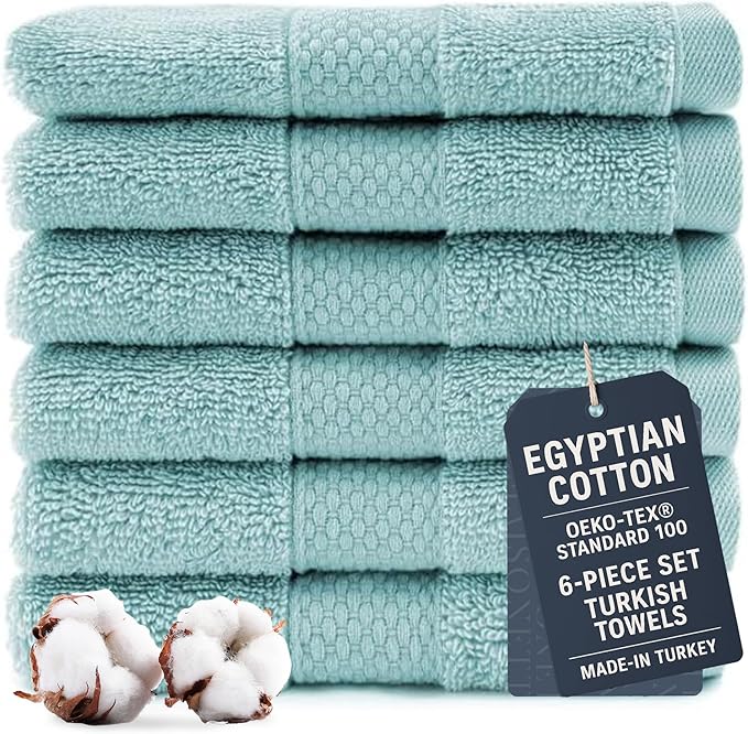 Maisonette Loft Egyptian Cotton Turkish Hand Towels - Soft, Absorbent Washcloths for Face - Ideal Quick Dry Small Towel Wash Cloth Set for Bathroom - (13" x 13", 6 Pack) - Turquoise