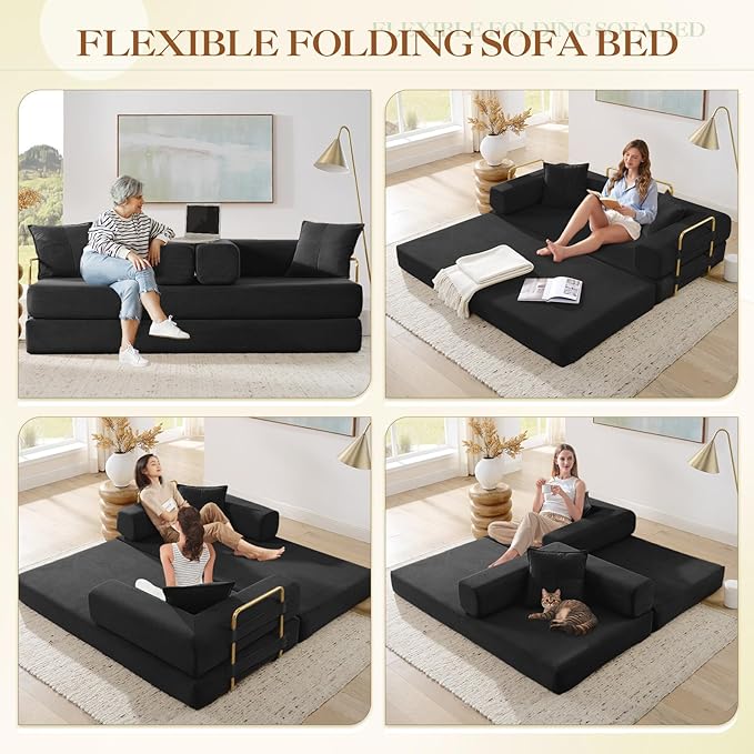 Antetek Convertible Futon Sofa Bed, 3-Seater Modern Corduroy Foam Floor King Size Bed Fold Out Sleeper Lounge Loveseat Sofa Couch with 2 Throw Pillows for Living Room Bedroom Guest Room, Black