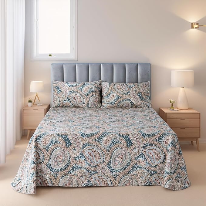 FADFAY Luxury Paisley Sheets Set Full Classy Blue and Gold Floral Farmhouse Bedding Elegent Blue Paisley Bedding Set 100% Cotton Super Soft Hypoallergenic Deep Pocket Fitted Sheet 4-Pieces, Full Size