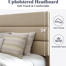 Allewie Queen Size Platform Bed Frame with Fabric Upholstered Headboard and Wooden Slats Support, Fully Upholstered Mattress Foundation/No Box Spring Needed/Easy Assembly, Beige