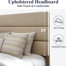 Allewie Full Size Platform Bed Frame with Fabric Upholstered Headboard and Wooden Slats Support, Fully Upholstered Mattress Foundation/No Box Spring Needed/Easy Assembly, Beige