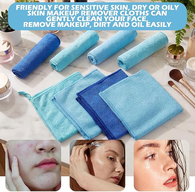Newwiee 40 Pcs Wash Cloth Bulk Cotton Bath Hand Face Washcloths Soft Quick Drying Towel for Women Bathroom Washing Body Viscose Fiber Multipurpose Fingertip Rags(12 x 12 Inch,Blue Series)
