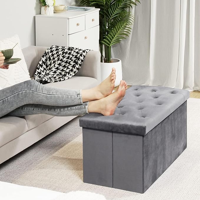B FSOBEIIALEO Folding Storage Ottoman, Long Ottomans Shoes Bench, Velvet Storaeg Chest Footrest Seat 31.5"x15.7"x15.7" (Grey, Large)