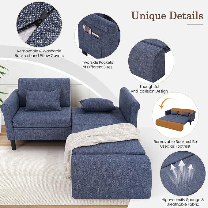 SEJOV 74" Convertible Sofa Bed, 5-in-1 Loveseat Sleeper Sofas with Pull Out Couch Bed, Storage Pockets & 2 Pillows, Modern Folding Linen Futon Couch for Living Room, Bedroom, Small Space, Blue