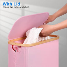 efluky Slim Laundry Basket with Lid, Narrow Laundry Hamper with Removable Bag, Skinny Dirty Clothes Basket with Bamboo Handles for Bathroom, Bedroom & Laundry Room, 63L Pink