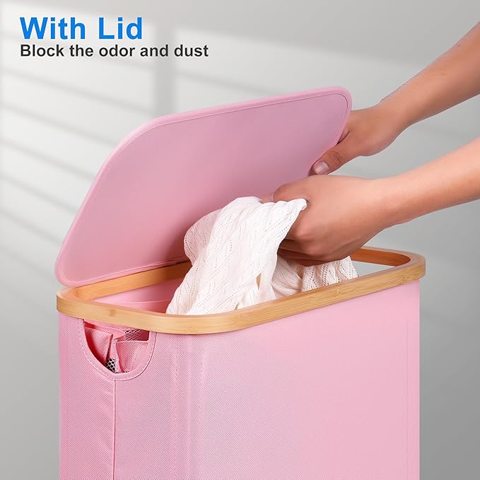 efluky Slim Laundry Basket with Lid, Narrow Laundry Hamper with Removable Bag, Skinny Dirty Clothes Basket with Bamboo Handles for Bathroom, Bedroom & Laundry Room, 63L Pink
