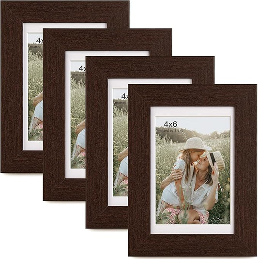 4x6 Picture Frame with Mat for 3.5x5, Walnut Wood Grain Dark Brown Gallery Wall Picture Frames for Tabletop or Wall Mounting(4 Pack, Walnut)