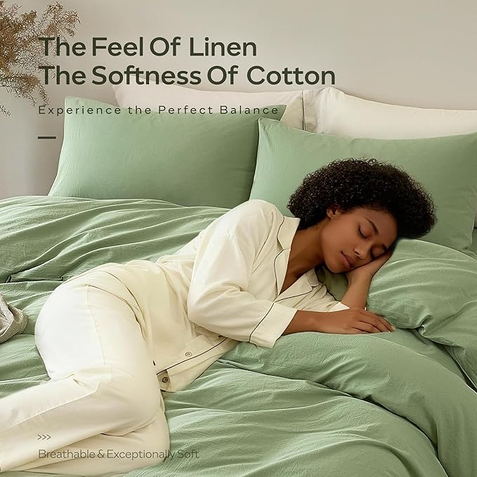 JELLYMONI Duvet Cover Queen Size - Washed Cotton Comforter Cover with Linen-Like Texture,Breathable & Soft Bedding for Modern Home,Guest Room and Everyday Use,Mint Green 1 Duvet Cover & 2 Pillowcases