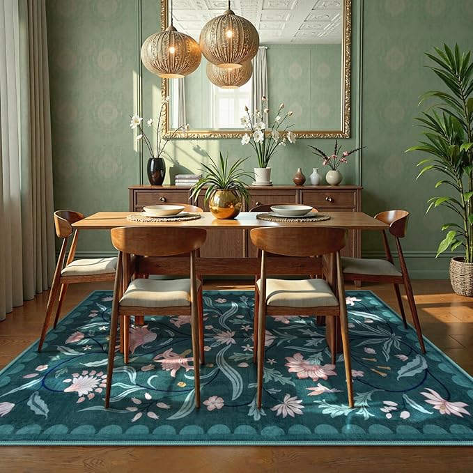 Lahome Boho Floral Washable Dark Teal 5x7 Area Rugs for Living Room, Non Slip Rugs for Bedroom, Indoor Ultra-Thin Throw Dining Room Carpet for Under Table Entryway Kitchen Dorm(Dark Teal,5x7)