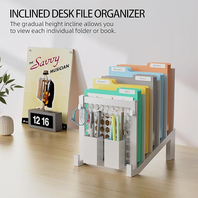 File Organizer for Desk with Storage Box & Hook, Inclined Desk File Organizer with 5-Section Vertical File Holder suitable for Home Office Document Organization (White)