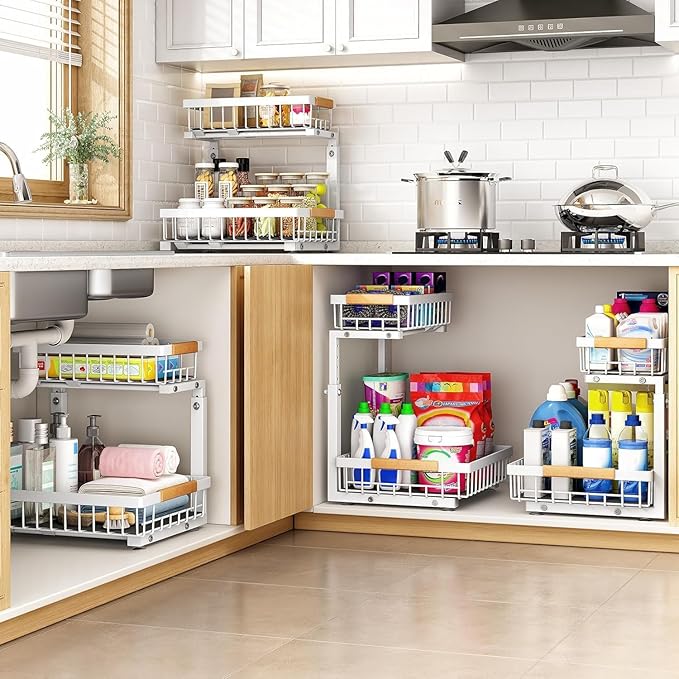 PXRACK 1 Pack Under Sink Organizer,Adjustable Height,2 Tier Pull Out Under Cabinet Organizer,Slide Out Thickened Metal Under Sink Storage for Kitchen Bathroom Laundry Cabinet Pantry,White(L)