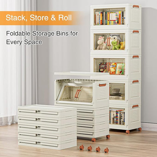 VECELO 300 QT Stackable Storage Bins with Wheels, Magnetic Dual Opening Doors & Transparent Panels, Plastic Foldable Storage Containers for Living Room, Bedroom, Kitchen, Office