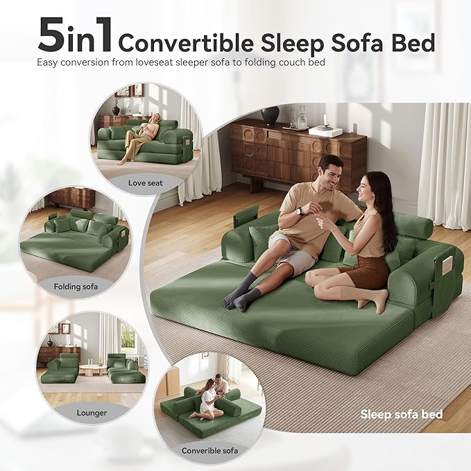 Upgrade High Backrest Design Sofa Bed with Fixed-Shape Frame & Removable Armrests and Backrest, Corduroy Fabric, Convertible Couch for Small Spaces - No Assembly Neede (High Backrest Olive Green)