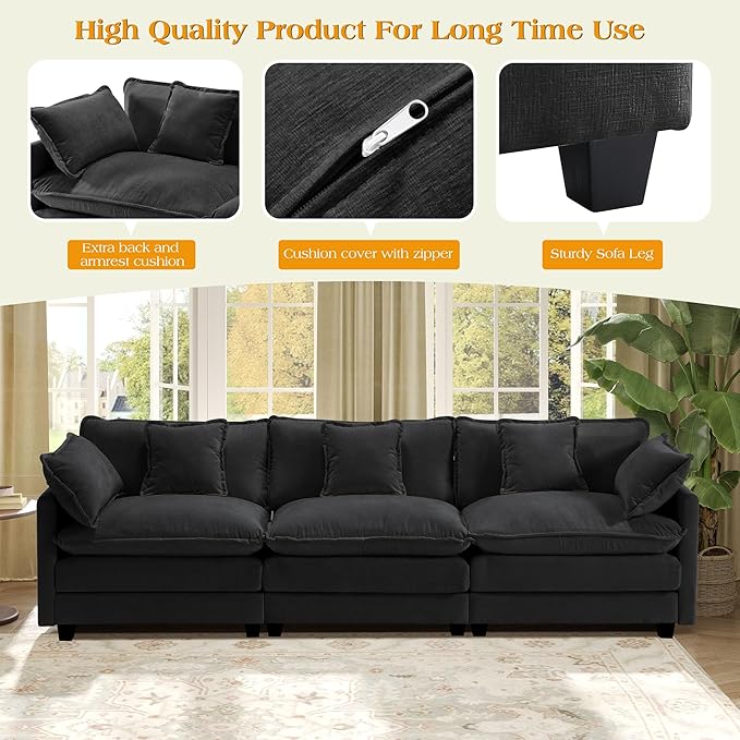 113.4" Modular Sectional Sofa,Cloud Couch for Living Room, Modern Deep Seat Sofa 3 Seater Chenille Fabric Comfy Couches with Throw Pillows for Apartment