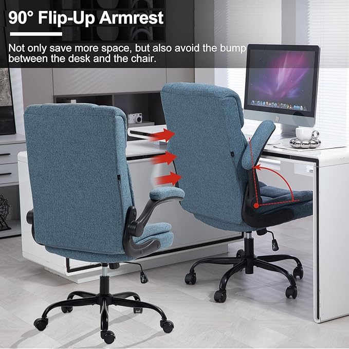 Office Chair High Back Ergonomic Executive Computer Desk Chair Comfortable Fabric Padded Home Office Desk Chairs with Flip-up Arm Rest Adjustable Height Swivel Wheels (Blue)