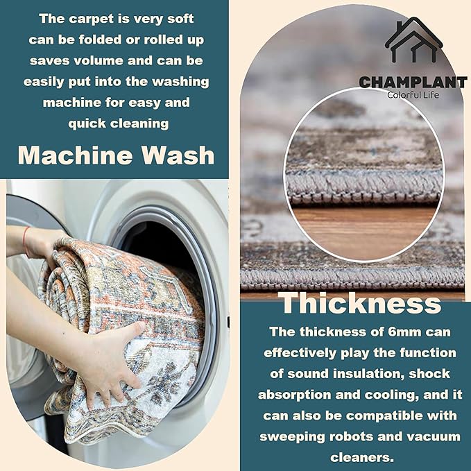 Washable Area Rug 9'x12' Deep Khaki Retro Flowers Boho Design Non-Shedding Easy Care Ideal for High Traffic Areas in Living Room Bedroom Office Coffee Table Kitchen Large Carpet
