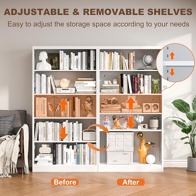 White Bookshelf, 55” Adjustable Tall Metal Bookshelf, 5-Tier Wide Bookshelf with Anti-Tilt Device, Modern Book Cases and Book Shelves for Bedroom, Living Room, Playroom, Study