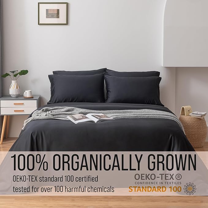 Bella Coterie 7 Piece Luxury Bamboo Viscose Split King Size Sheet Set | 2 Fitted Sheets for Adjustable Beds | 100% Organically Grown | Cooling for Hot Sleepers | 4 Pillowcases [Black]