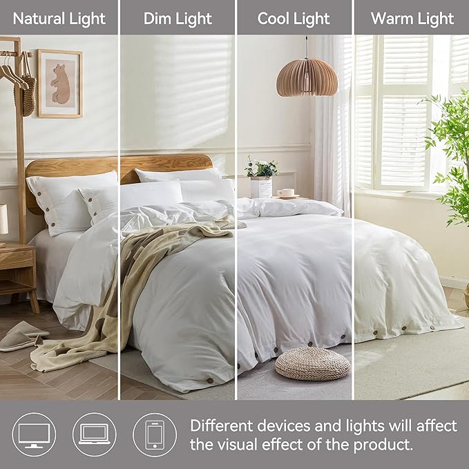 JELLYMONI Cotton Duvet Cover Twin Size - Bright White Comforter Cover with Button 100% Washed Cotton 2PCS Breathable Soft Solid Bedding Set Duvet Cover 68×90in & 1 Pillowcase (NO Comforter)