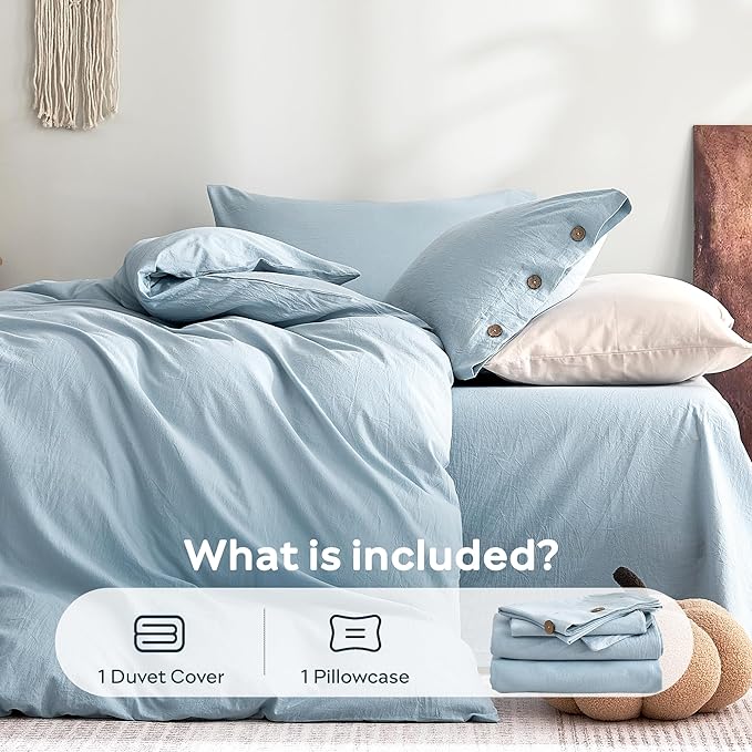 JELLYMONI 100% Washed Cotton Duvet Cover Twin – Soft, Breathable Linen-Look Bedding with Natural Wrinkle Texture, Button Closure, 3-Piece Set (Mist Blue, 68"x90")