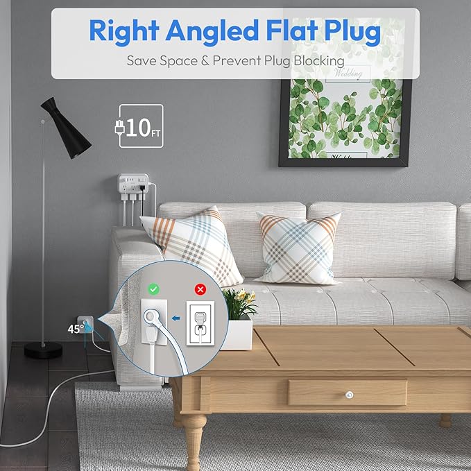 Power Strip 10 ft, Flat Plug Extension Cord with 6 Outlets 4 USB Ports, Outlet Extender Long Cord, Overload Protection, Extension Cord with Multiple Outlets for Indoor, Home, Office