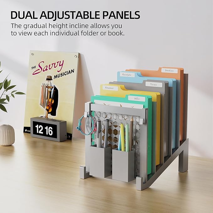 File Organizer for Desk with Storage Box & Hook, Inclined File Organizer with 5-Section Vertical File Holder suitable for Home Office Document Organization (Desk Gray)