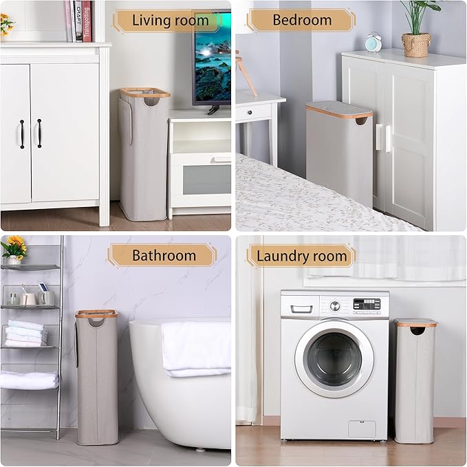 60L Slim Laundry Hamper, Narrow Laundry Basket with Lid,Foldable Clothes Hamper with Bamboo Handles,Hamper Basket with Removable Inner Bag for Laundry Room Bedroom College Dorm（Light Grey）