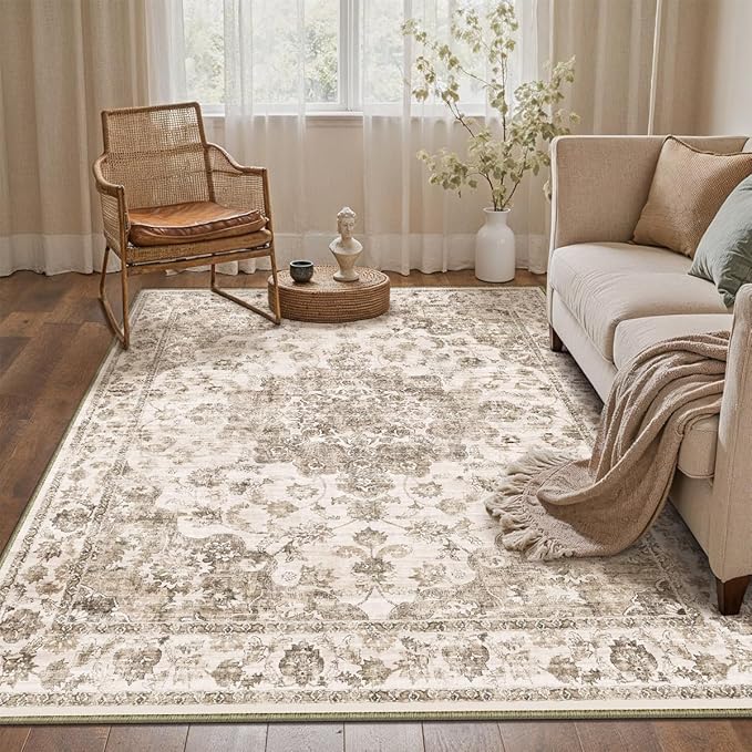 4x6 Washable Neutral Area Rug Brown Vintage Entryway Office Carpet Non-Slip Soft Low Pile Floral Indoor Throw Rug for Living Room Bathroom Dining Room