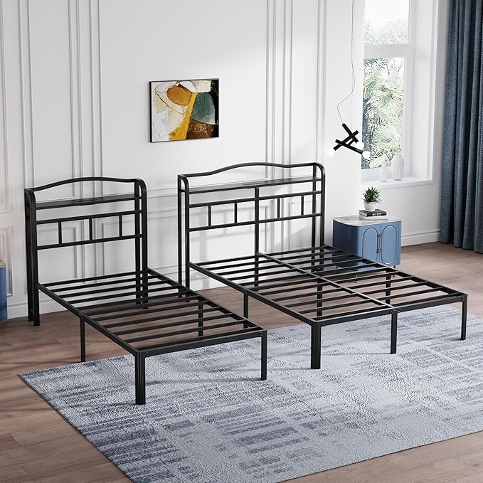 14 Inch Metal Bed Frame - Queen Size Black Heavy Duty Bedframe Platform Basic Mattress Foundation with Headboard & Charging Station No Box Spring Needed/Easy Assembly/No Noise