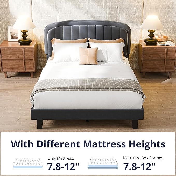 Cozy Castle Full Size Bed Frame with Adjustable Vertical Channel Tufted Headboard, Velvet Upholstered Platform Bed with Wood Slats, Mattress Foundation, No Box Spring Needed, Easy Assembly, Gray