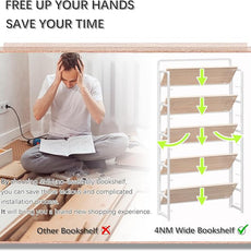 4NM No Assembly Extra Wide 5 Tiers Folding Bookshelf Storage Shelves Vintage Bookcase Standing Racks Study Organizer Home Office (Natural White)